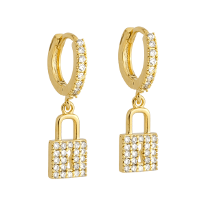 Brinco Dourado de Argolinha com Cadeado Cravejado de Zircônias